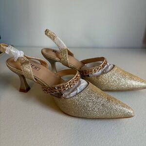Gold Glitter Pointed Toe Slingback Heels Rhinestone Embellished Dress Size 6.5